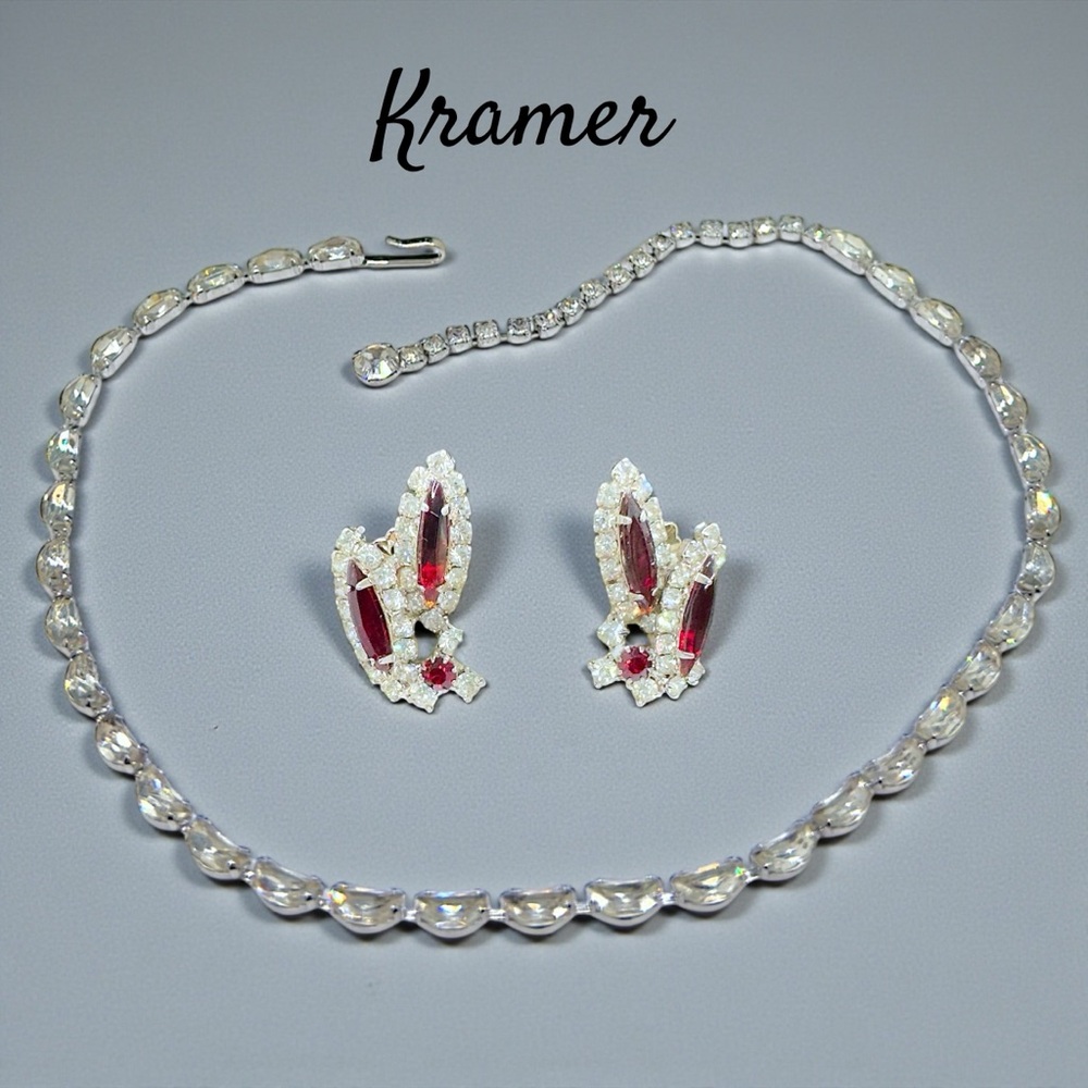 Vintage Hallmarked Kramer Rhinestone Necklace & Clip On Earrings